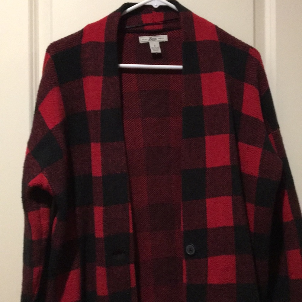 Bass women plaid one button cardigan sweater long sleeve pockets sizeM red black